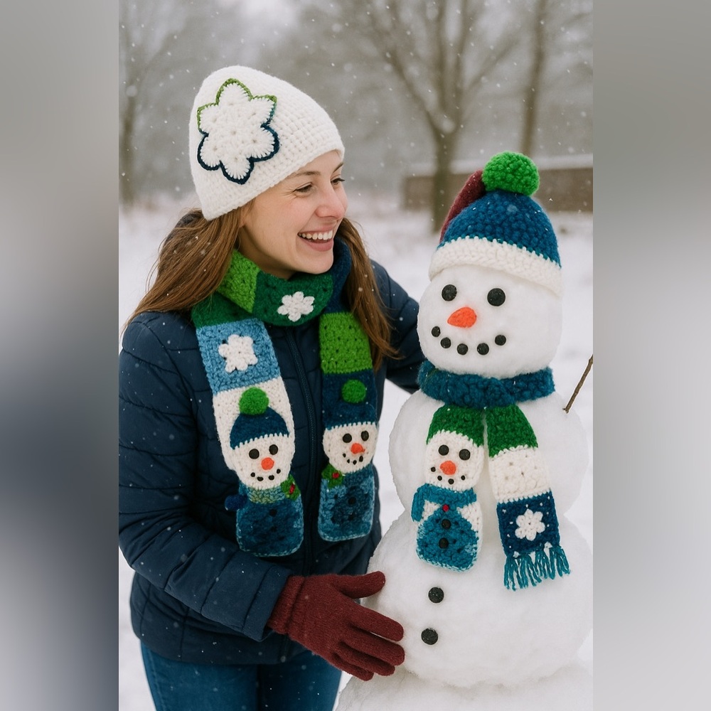 Handmade snowman snowflake beanie granny square crochet scarf & hat